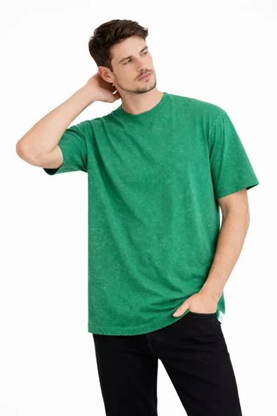 Erkek Asit Yıkama Bisiklet Yaka Kısa Kollu Oversize T-Shirt Tişört - Yeşil ürün görseli 1