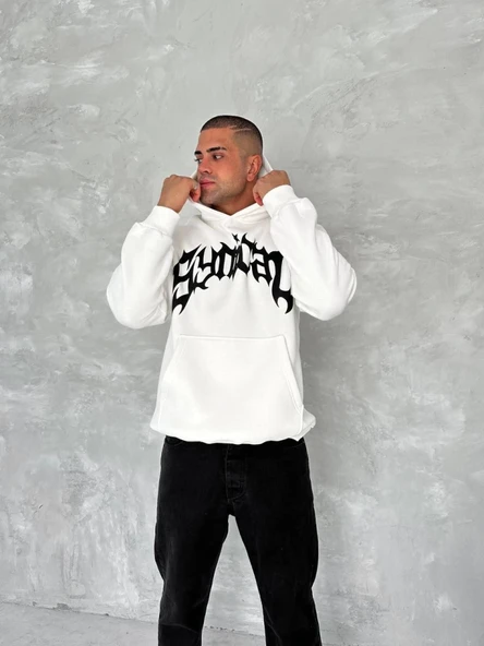 Unisex Üç İplik Kapşonlu Baskılı SweatShirt - Beyaz ürün görseli 1