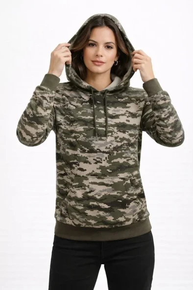Kamuflaj Desenli 2 İplik 4 Mevsim Kapüşonlu Kanguru Cepli Hoodie Sweatshirt - Kamuflaj ürün görseli 1