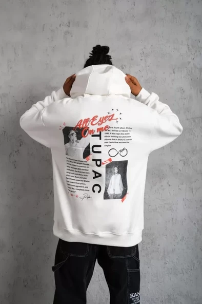 Erkek Ön Arka Baskılı Kapşonlu Sweat - Beyaz - Resim 3