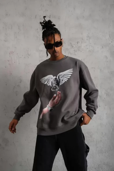 Erkek Güvercin Baskılı Sweatshirt - Gri - Resim 3
