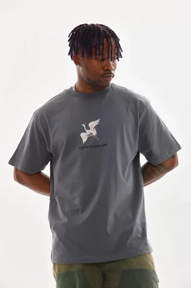 Unisex Baskılı Oversize T-Shirt - Füme ürün görseli 1
