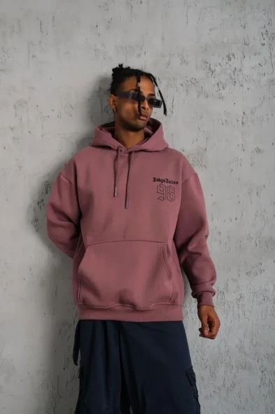 Erkek 98 Baskılı Kapşonlu Sweat - Gül Kurusu - Resim 3