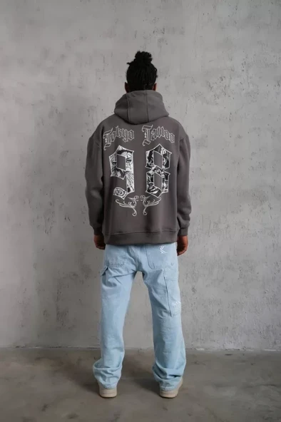 Erkek 98 Baskılı Kapşonlu Sweat - Gri - Resim 4