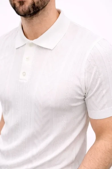 Erkek Yazlık Triko Tişört Kısa Kol Polo Yaka Düğmeli T-Shirt - Beyaz ürün görseli 1