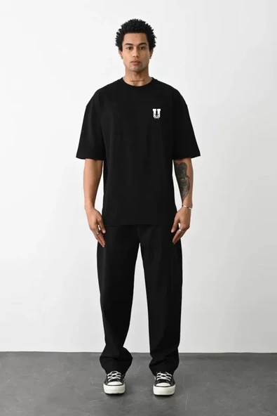 Unisex Bisiklet Yaka Baskılı Oversize T-Shirt - Siyah ürün görseli 1