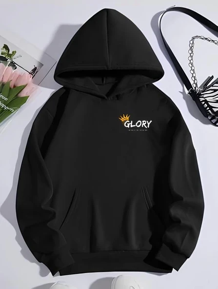 Kışlık Üç İplik Kapşonlu SweatShirt - Siyah ürün görseli 1
