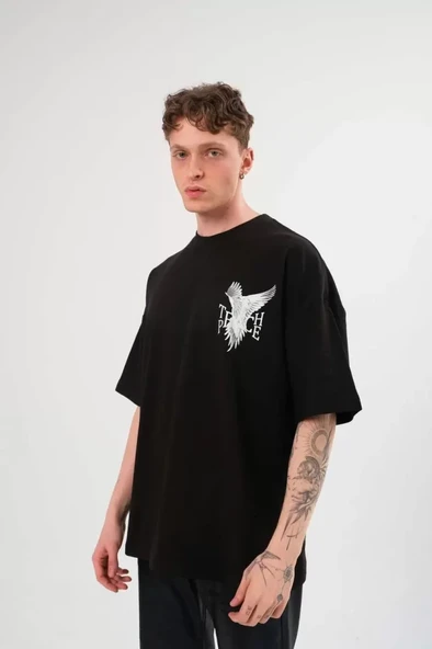 Unisex Bisiklet Yaka Baskılı Oversize T-Shirt - Siyah ürün görseli 1