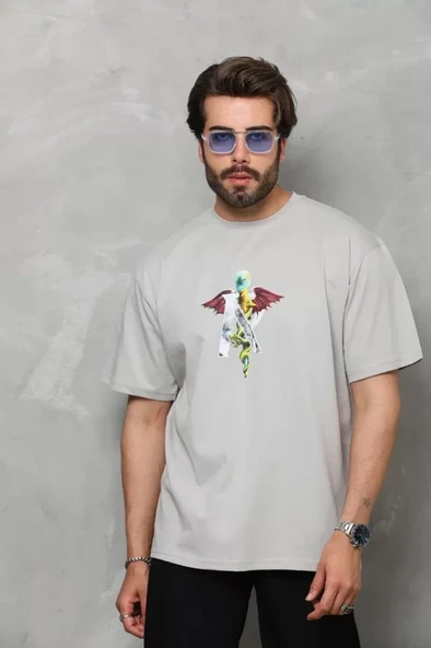 Unisex Bisiklet Yaka Baskılı Oversize T-Shirt - Gri ürün görseli 1