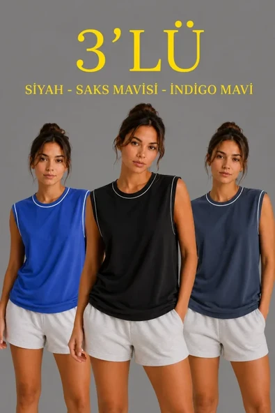 3’lü Kolsuz Sporcu Atlet Seti Yazlık Bisiklet Yaka - Siyah, Saks Mavisi, İndigo ürün görseli 1