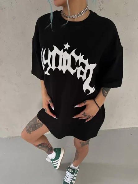 Unisex Bisiklet Yaka Baskılı Oversize T-Shirt - Siyah ürün görseli 1