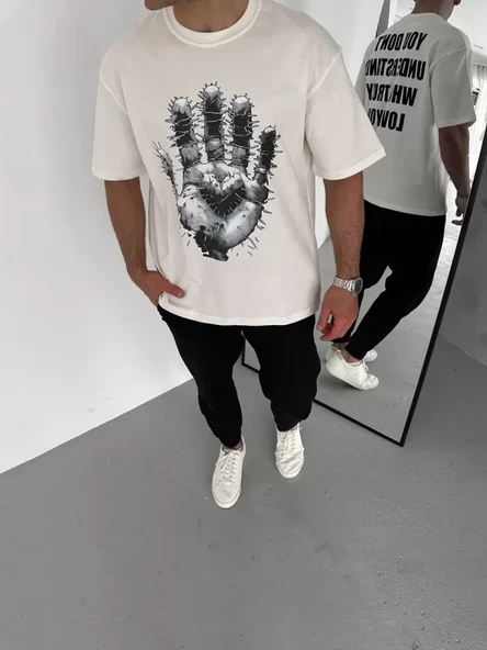 Unisex Bisiklet Yaka Baskılı Oversize T-Shirt - Beyaz ürün görseli 1