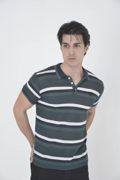 Erkek Yakalı Slim Fit Dokuma Çizgili T-Shirt - Haki ürün görseli 1