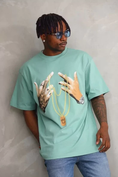 Unisex Baskılı Oversize T-Shirt - Mint Yeşili ürün görseli 1