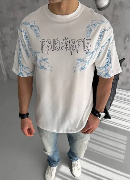 Unisex Bisiklet Yaka Baskılı Oversize T-Shirt - Beyaz ürün görseli 1