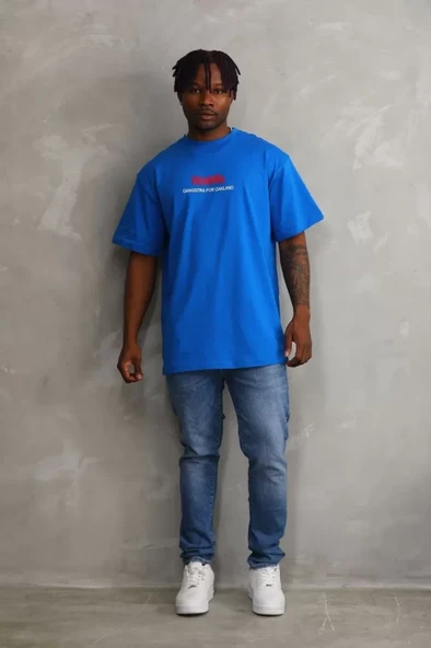 Unisex Baskılı Oversize T-Shirt - Mavi - Resim 4