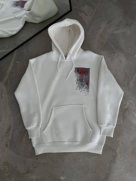 Uzun Kol Kapşonlu Ön Ve Arka Baskılı SweatShirt - Beyaz ürün görseli 1