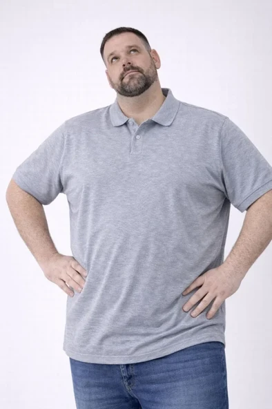 Erkek Pike Kumaş Düğmeli Yaka Battal Büyük Beden Günlük Kısa Kol Tişört T-shirt - Gri ürün görseli 1
