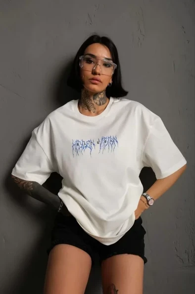 Unisex Bisiklet Yaka Baskılı Oversize T-Shirt - Beyaz ürün görseli 1