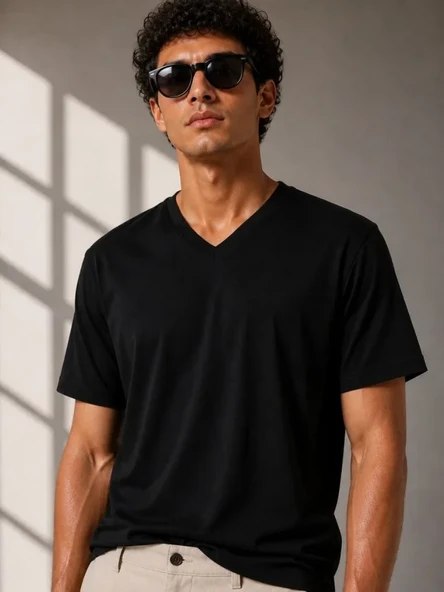 Erkek V Yaka Basic Tişört Kısa Kol Yazlık Regular Fit T-Shirt - Siyah ürün görseli 1