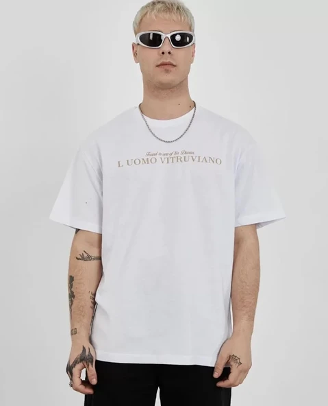 Unisex Bisiklet Yaka Baskılı Oversize T-Shirt - Beyaz ürün görseli 1