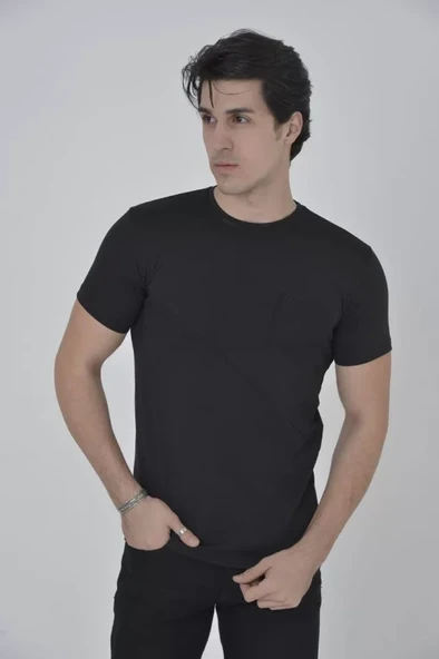 Erkek File Cepli Slim Fit T-shirt - Siyah ürün görseli 1