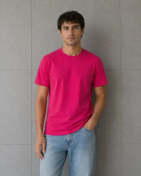Erkek Basic Pamuklu Tişört Bisiklet Yaka Düz Renk Regular Fit T-Shirt - Fuşya ürün görseli 1