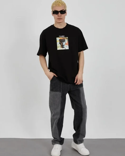Unisex Bisiklet Yaka Baskılı Oversize T-Shirt - Siyah ürün görseli 1