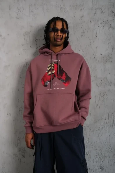 Erkek Eldiven Baskılı Kapüşonlu Sweat - Gül Kurusu - Resim 2