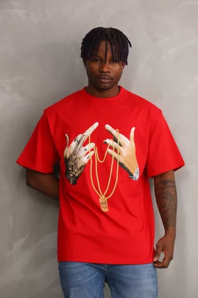 Unisex Baskılı Oversize T-Shirt - Kırmızı ürün görseli 1