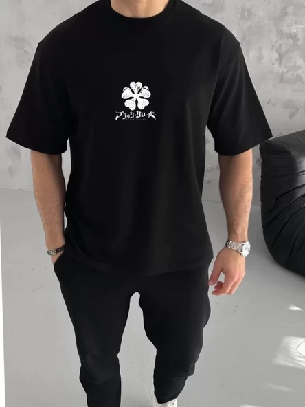 Unisex Bisiklet Yaka Baskılı Oversize T-Shirt - Siyah ürün görseli 1