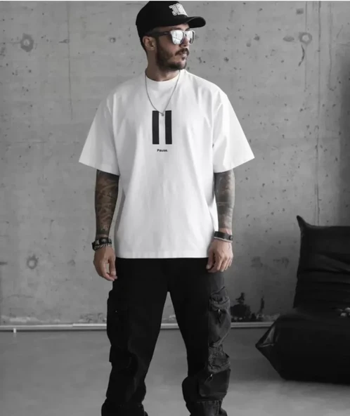 Unisex Bisiklet Yaka Baskılı Oversize T-Shirt - Beyaz ürün görseli 1