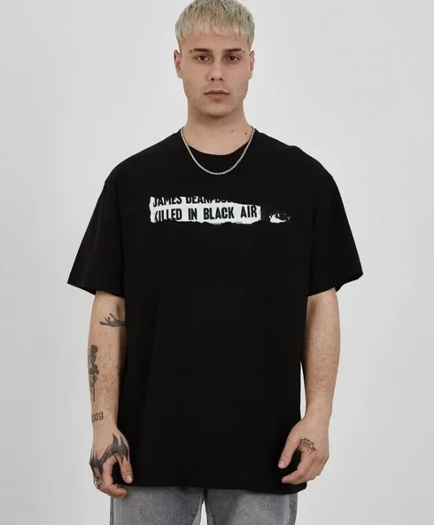 Unisex Bisiklet Yaka Baskılı Oversize T-Shirt - Siyah ürün görseli 1