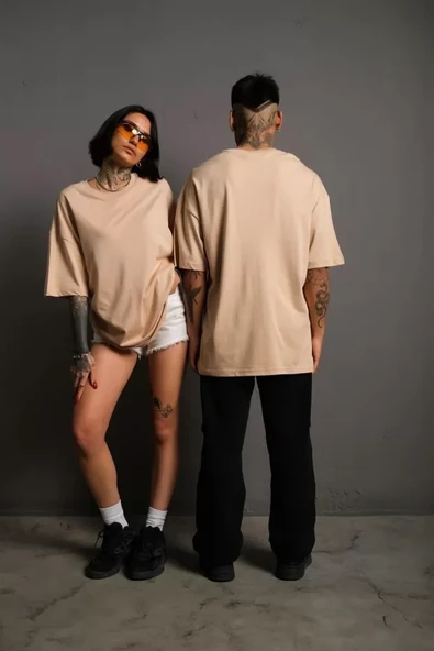 Erkek 24/1 Düz A Kalite Oversize T-shirt - Bej ürün görseli 1
