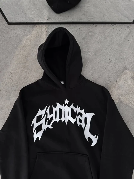 Kışlık Kapşonlu Baskılı Oversize SweatShirt- Siyah - Resim 2