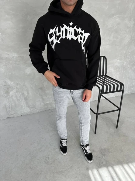 Unisex Üç İplik Kapşonlu Baskılı SweatShirt - Siyah ürün görseli 1