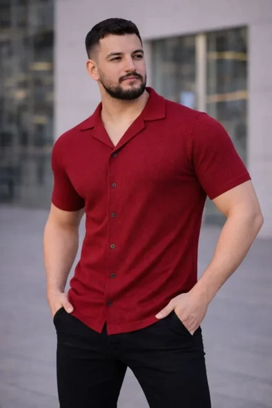 Erkek Waffle Kumaş Kısa Kollu Düğmeli Açık Yaka Regular Fit Gömlek - Kırmızı ürün görseli 1