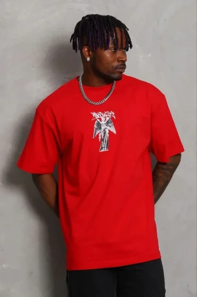 Erkek Baskılı T-Shirt Kısa Kol Bisiklet Yaka Regular Fit Rahat Kalıp Günlük Tişört - Kırmızı ürün görseli 1