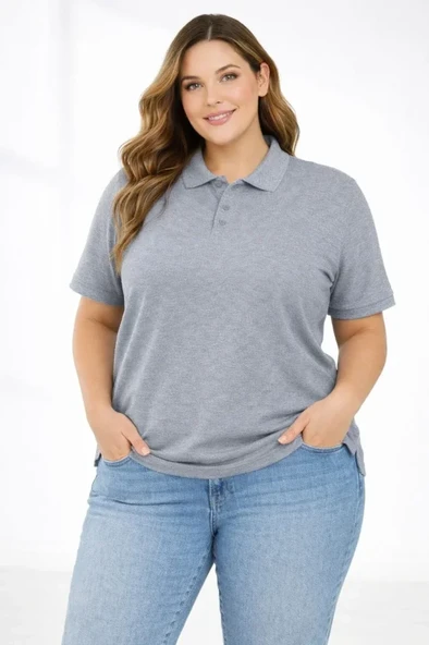 Pike Kumaş Düğmeli Yaka Battal Büyük Beden Günlük Kısa Kol Tişört T-shirt - Gri ürün görseli 1