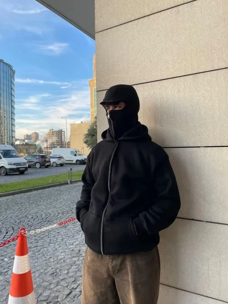 Samuray Ninja Çift Kapşonlu ZIP Fermuarlı Kanguru Çepli Tam Fermuarlı Hoodie Swetshirt - Siyah ürün görseli 1