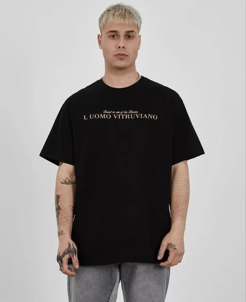 Unisex Bisiklet Yaka Baskılı Oversize T-Shirt - Siyah ürün görseli 1