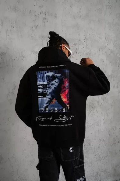 Erkek Astronot Baskılı Kapüşonlu Sweat - Siyah - Resim 3