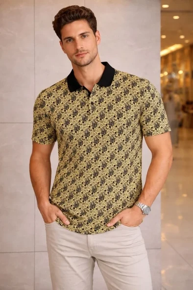 Erkek Pike Kumaş Polo Yaka Palmiye Desenli Tişört Kısa Kol Yazlık T-Shirt - Sarı ürün görseli 1
