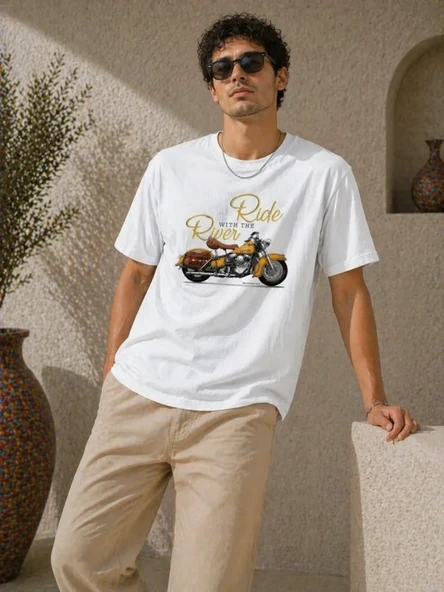 Erkek Motosiklet Baskılı Tişört Bisiklet Yaka Kısa Kol Yazlık T-Shirt - Beyaz ürün görseli 1