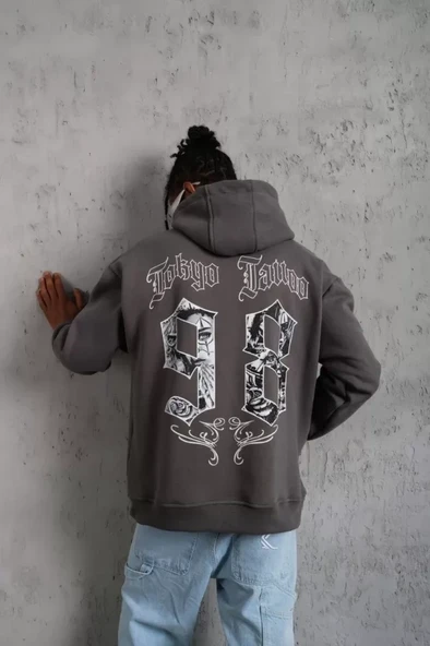 Erkek 98 Baskılı Kapşonlu Sweat - Gri ürün görseli 1