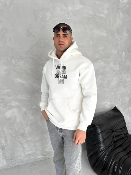 Kışlık Üç İplik Kapşonlu SweatShirt - Beyaz ürün görseli 1