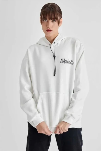 Kapüşonlu Sırt Baskılı Üç İplik Oversize Sweatshirt - Beyaz ürün görseli 1