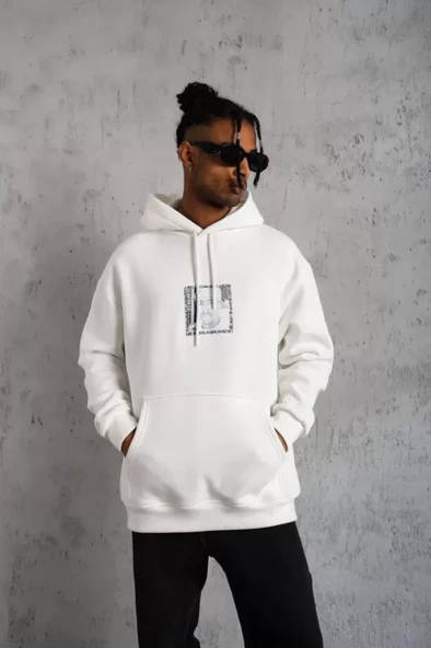 Erkek Ön Arka Baskılı Kapşonlu Sweat - Beyaz ürün görseli 1