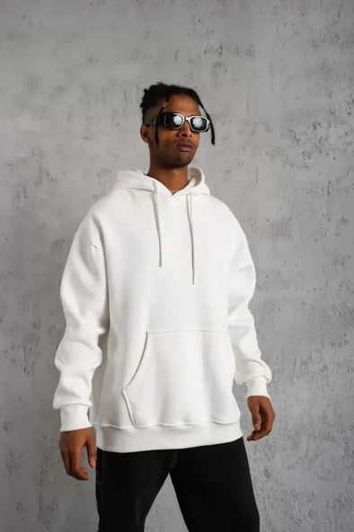 Erkek Düz Kapüşonlu Sweat - Beyaz - Resim 3