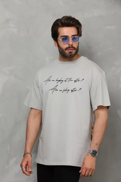 Unisex Bisiklet Yaka Baskılı Oversize T-Shirt - Gri ürün görseli 1
